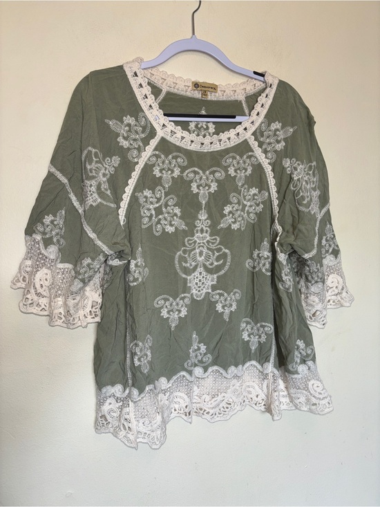 Democracy Tops - Democracy Boho Blouse 2X Lace Crochet Flowy Peasant Eyelet Cottage Embroidered
